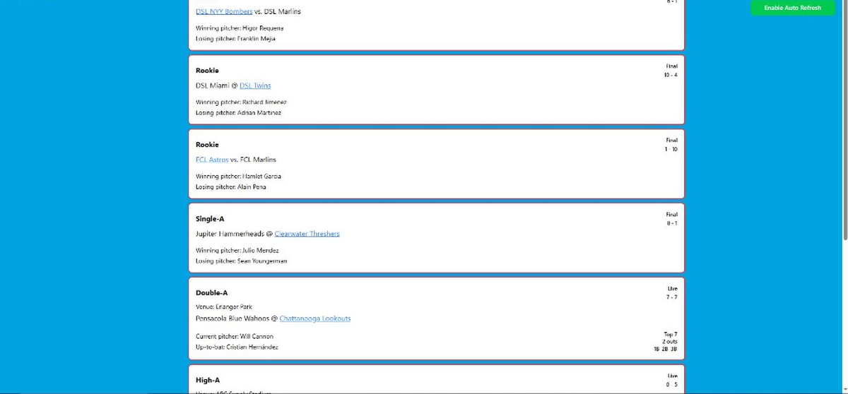 Screenshot of Marlins Tracker baseball scores