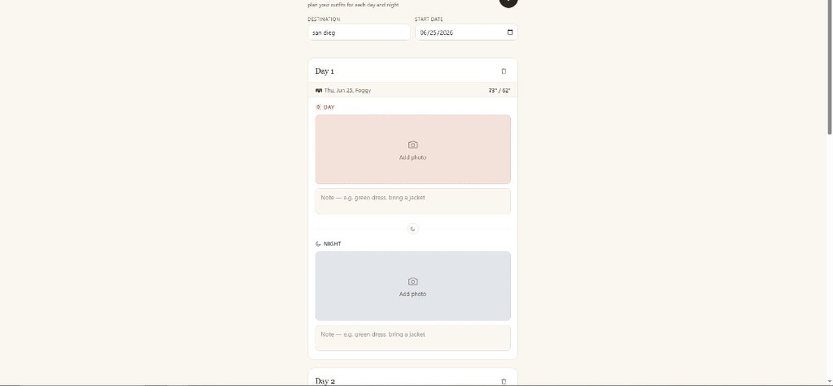 Screenshot of Trip Fits outfit planner